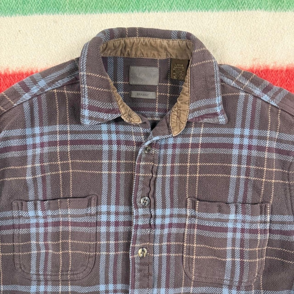 Vintage St Johns Bay Brawny Cotton Flannel Shirt Mens Large Brown Blue Plaid